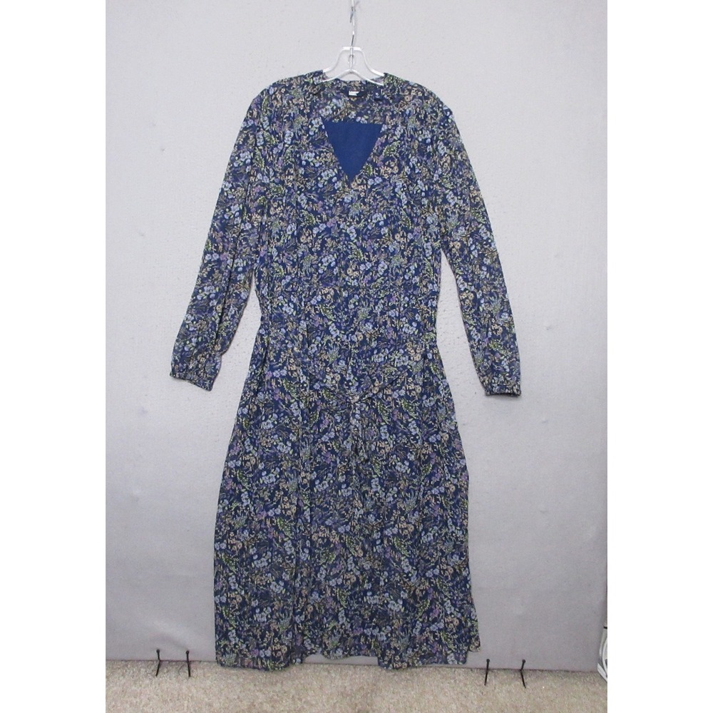 Lands End Dress XL Blue Floral Metallic Cottage Core Boho‎ V-Neck Midi Boho